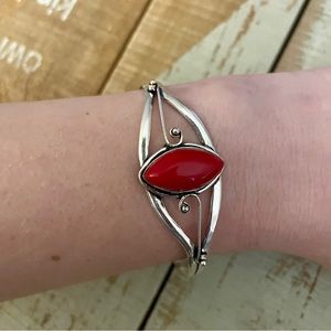 Red Coral Silver Cuff Bracelet